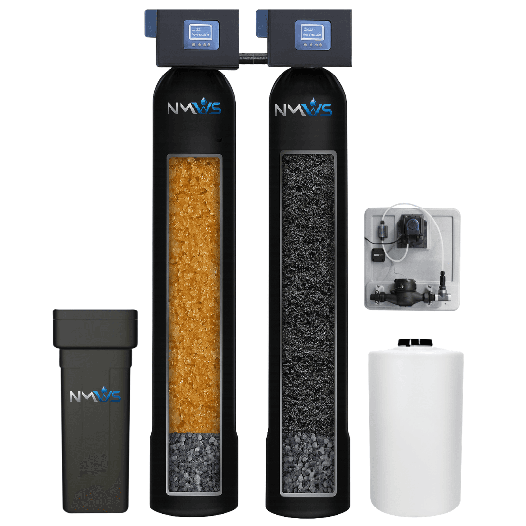 NMWS iron and sulfur removal system - two branded tanks with brine tank, injection panel and solution tank